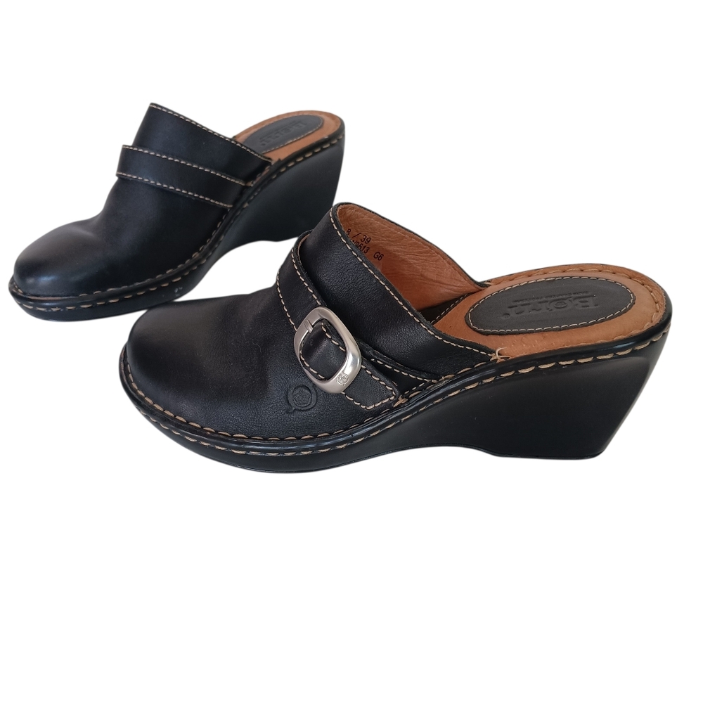 Born‎ Shoes Women's Size 8 Black Leather Wedge Mule Slip On Clogs Silver Buckle